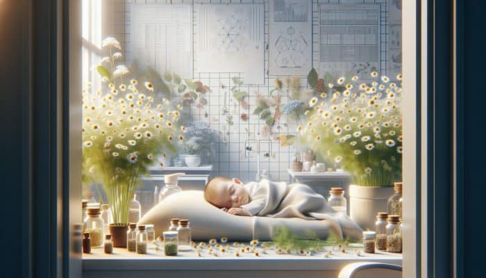 A peaceful baby sleeping in a nursery surrounded by chamomile and fennel plants.