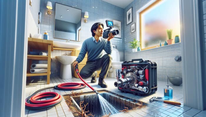 Drain Services in Mission: A plumber examining a clogged drain with high-tech tools in a modern bathroom, with hydro-jetting and root removal equipment nearby