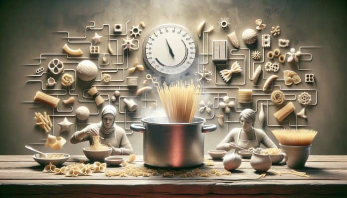 A kitchen scene with boiling pasta, timer, and person tasting pasta for doneness on a rustic table.