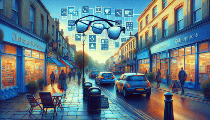 A vibrant Yeovil street featuring diverse businesses, with SEO-optimised signage and digital displays for local services.