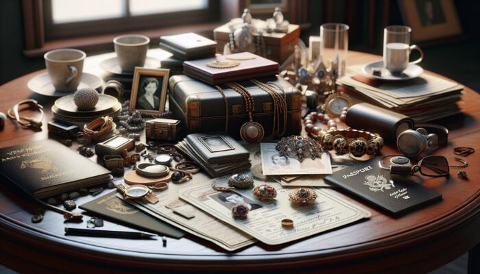 Avoiding Overwhelm in UK House Clearance: High-value and sentimental items, including jewellery, antiques, family photos, and personal documents like passports, sorted on a vintage table.