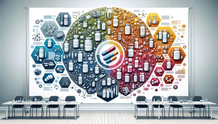 Infographic showing supplement interactions with color-coded warnings and expert notes on a medical background.