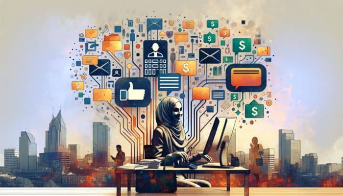 A person in Delmas organising financial documents, applying for a loan online, and receiving a pre-approval letter against a modern city backdrop.