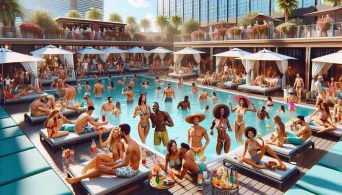 Top Vegas Events for Day-Drinking Fans: A lively Las Vegas pool party at a top hotel with colourful cabanas, DJ, and guests enjoying cocktails in the sun.