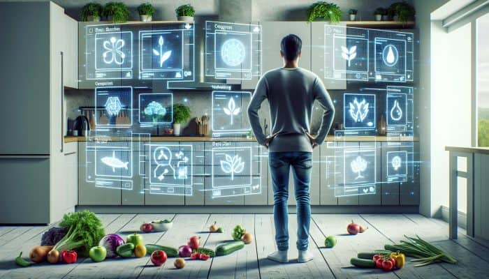 A person comparing plant-based diet apps on screens in a modern kitchen surrounded by fresh vegetables.