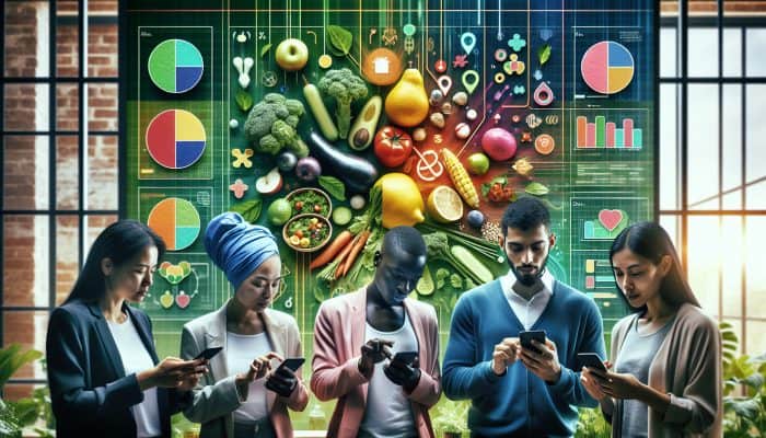 A diverse group using smartphones to read reviews on a plant-based diet app, with meals and charts on screens, set in a green environment.