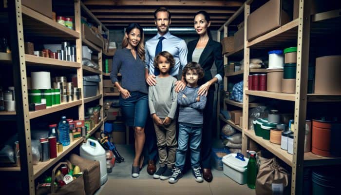Prepping for Beginners: Family in a stocked basement shelter preparing for emergencies like hurricanes or power outages.