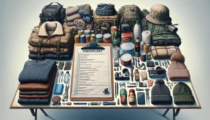 A well-organized prepping kit on a table with items being checked and replaced, including expired food, seasonal gear, and a checklist.
