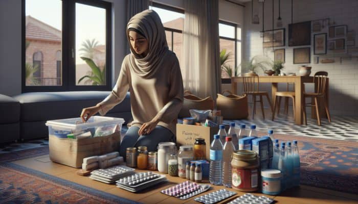 Surviving Apartment Lockdowns: Person organizing food, water, and medication in apartment for lockdown, feeling calm and secure.