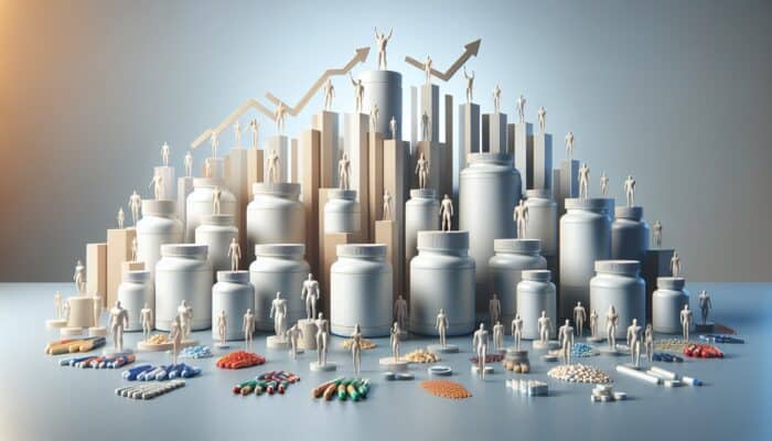 A vibrant display of supplement bottles in a bundle, with promotional banners and marketing strategy charts.