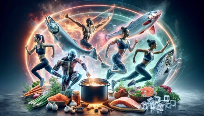 Athletes and fitness enthusiasts with collagen-rich foods like bone broth and salmon, emphasizing active lifestyle benefits.