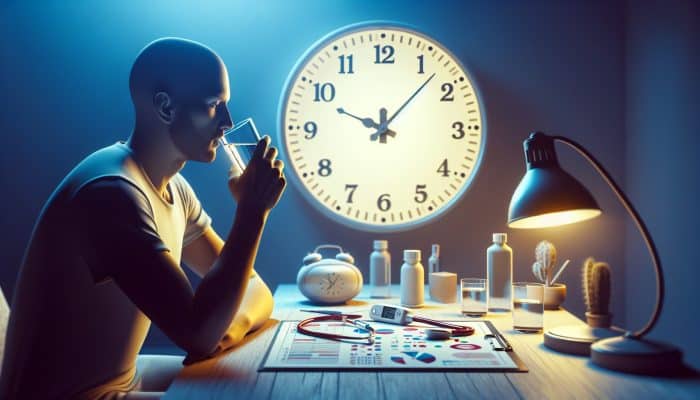 Individual fasting for a diabetes test, drinking water, with a medical chart and clock early in the morning.