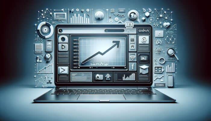 Laptop displaying a website featuring TikTok videos, with graphs indicating improved SEO, engagement, and rankings.