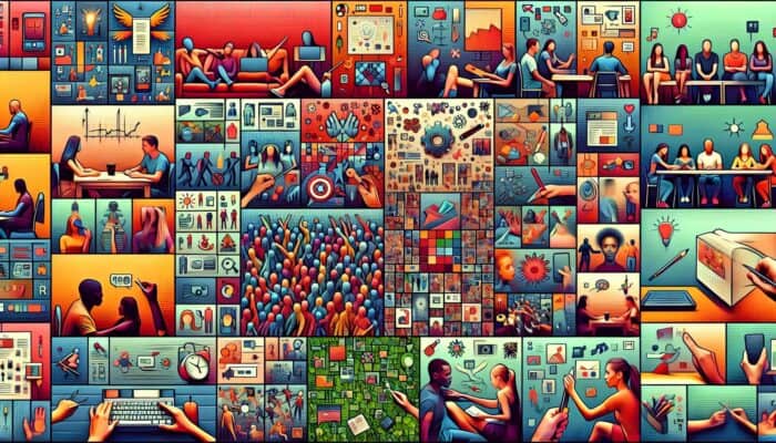 A lively collage of TikTok screens showcasing various engaging content types like challenges, tutorials, and humorous clips.