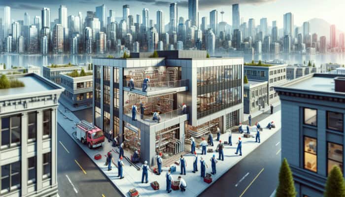 Expert plumbers working on advanced systems in a modern Vancouver commercial building, skyline visible.