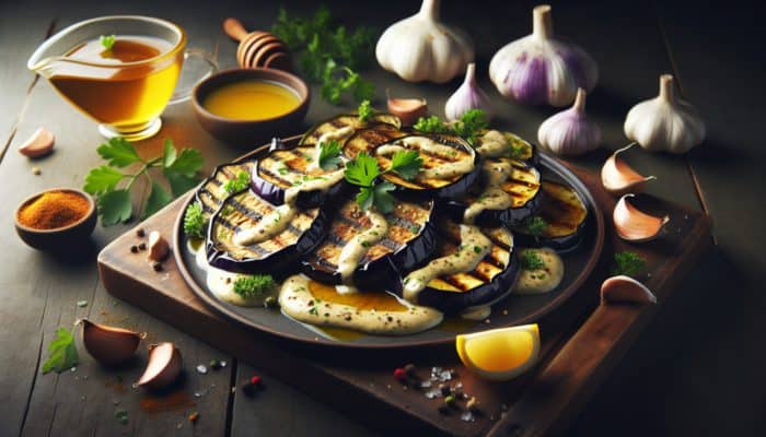 Creamy tahini sauce drizzled over grilled eggplant, garnished with herbs and honey.