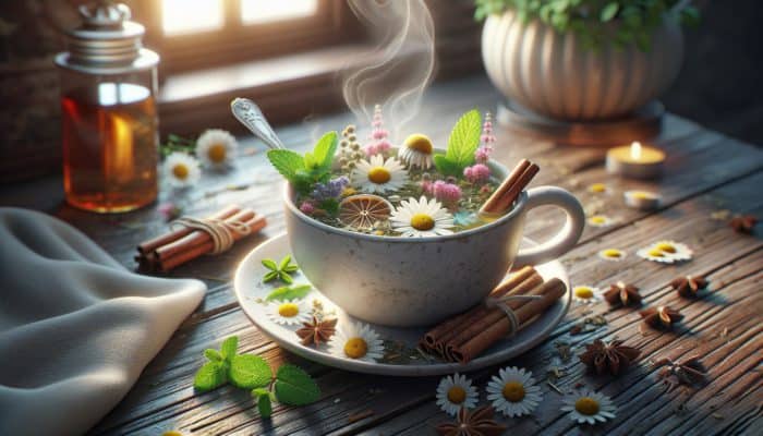 Best Herbal Teas for Families: Steaming cup of herbal tea with chamomile, mint, and cinnamon, enjoyed by a cozy UK family.