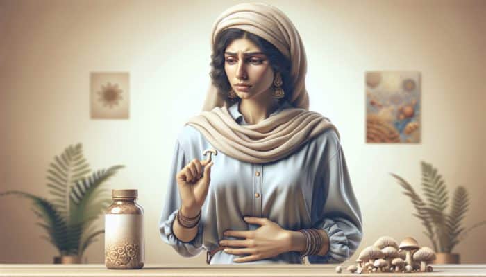 Individual experiencing slight bloating, pensive, holding mushroom supplements in a serene, neutral space.