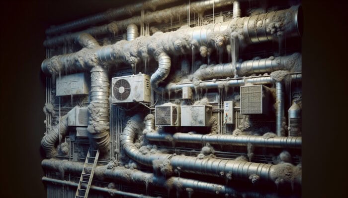 Close-up of HVAC ducts with mold, dust, and rodent signs in a dimly lit room.