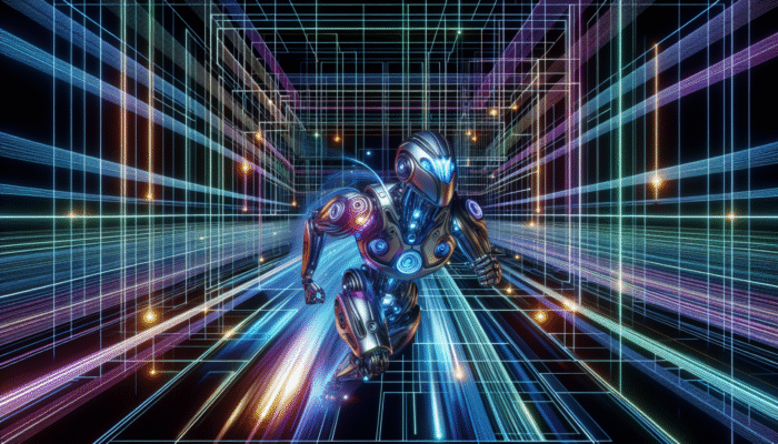 A futuristic robot navigating a grid of glowing URLs, symbolising optimised SEO crawl budget with speed indicators.