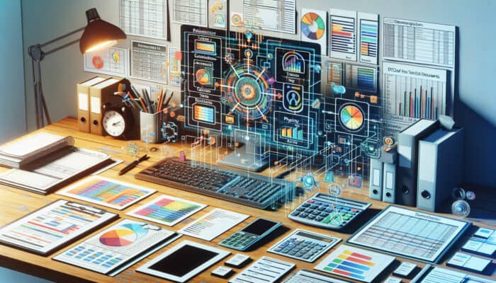A virtual assistant's desk with digital tools and organized bookkeeping documents, showing time blocks for tasks.