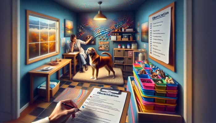 A pet owner organizing medical records and observing their rescue dog's behaviour at home, with a vet's checklist.