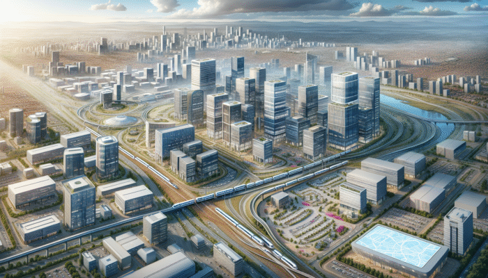 Aerial view of Midrand's skyline expansion with new developments and Gautrain system enhancing connectivity.