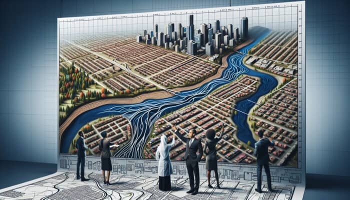 A map of South Vancouver illustrating interior drainage systems with experts pointing at key areas amidst urban buildings.