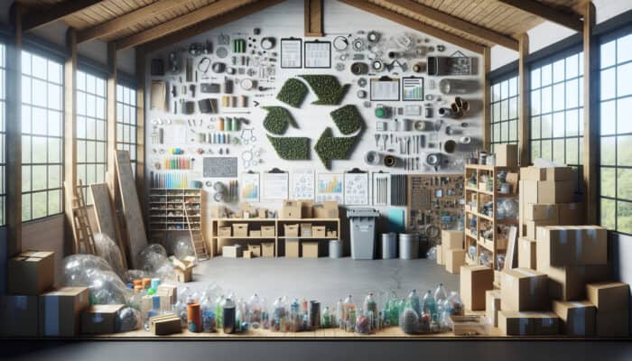 Sustainable Shed Clearance in UK Homes: Eco-friendly shed clearance with items sorted for reuse, recycling, and responsible disposal, featuring various materials and educational signs.