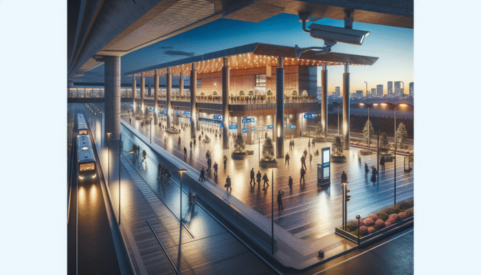 A well-lit transit hub in Kempton Park at dusk with CCTV cameras and security patrols.