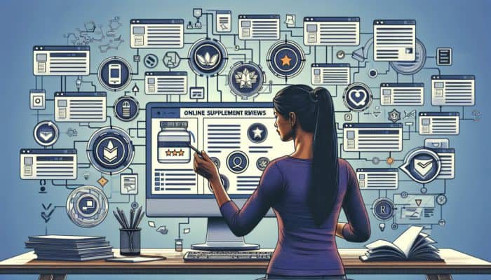 Person analysing online supplement reviews on computer, focusing on verified badges and detailed experiences.