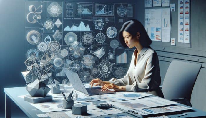 A person in a modern office analysing financial charts on debt consolidation loans and DTI ratios with a calculator and laptop.