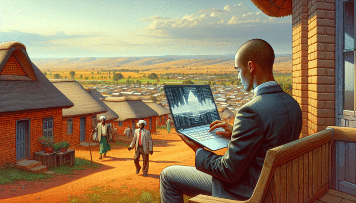 Person in Phalaborwa studying property trends on laptop, negotiating with agent amidst local scenery.