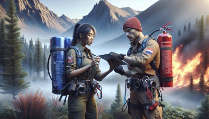 Hikers in wilderness with lightweight, high-quality fire safety gear, checking equipment.