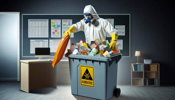 A hazardous waste specialist safely disposing of household items such as cleaners and asbestos into a designated container, ensuring compliance and safety.