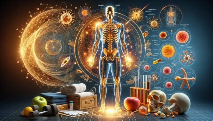 Vitamin D Blood Test in East Kilbride: A glowing skeleton with immune cells and calcium, symbolising Vitamin D's health benefits.