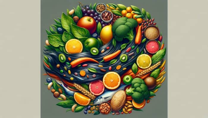 A collection of nutrient-rich foods symbolising robust, healthy hair strands.