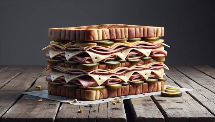 A pressed Cuban sandwich with ham, pork, Swiss cheese, pickles, and mustard on a wooden table.