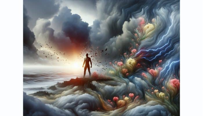 A resilient figure stands tall in a stormy landscape, transforming clouds into blooming flowers, symbolizing growth and adaptability at dawn.
