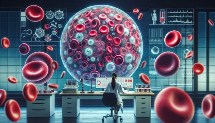 Microscopic view of healthy blood cells contrasted with abnormal ones, in a clinical lab with a doctor examining results.