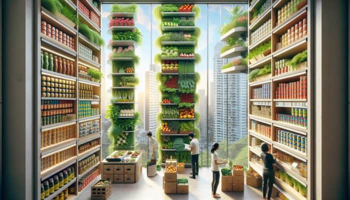 In a high-rise apartment, vertical gardens overflow with fresh greens, and canned goods are neatly organized on wall-mounted shelves for urban stockpiling.