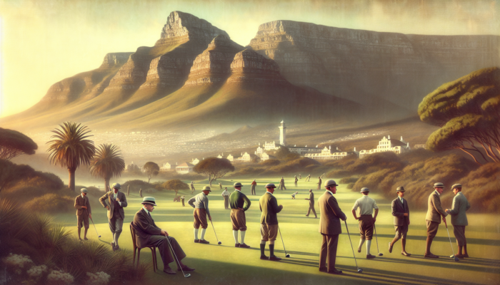 Historic 1925 scene of Milnerton Golf Club in Cape Town, with golfers and Table Mountain.