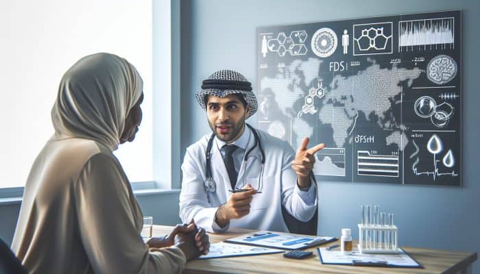 Doctor explaining menopause blood test results to woman in clinic, pointing to graphs of elevated FSH and low oestradiol levels.