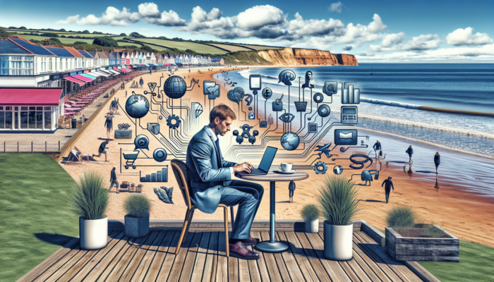 A small business owner at a Burnham-on-Sea beach cafe analyses e-commerce charts on a laptop, surrounded by social media and shopping cart icons.