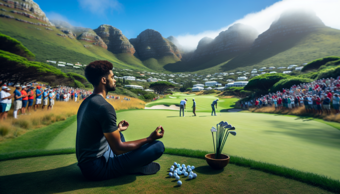 A golfer in South Africa using mindfulness and breathing exercises to focus amidst distractions.