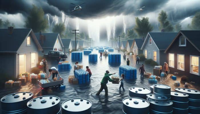 In a flooded town, families draw water from labelled storage tanks in fortified homes as volunteers distribute supplies under stormy skies.