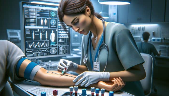 A healthcare professional in scrubs draws blood from a patient's arm in a sterile clinic, with syringes and test tubes nearby under bright lights.