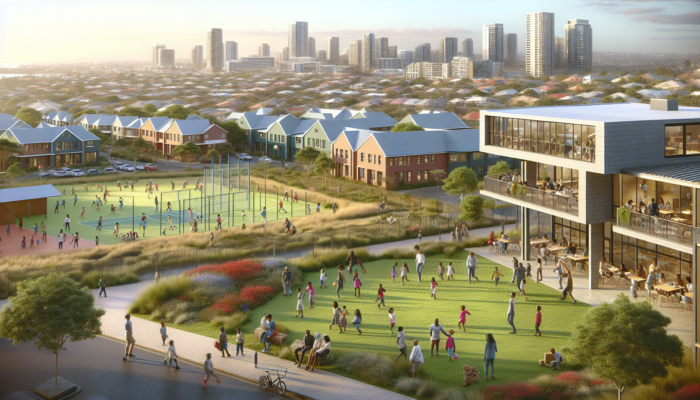 Vibrant Port Elizabeth neighbourhood with tree-lined streets, children playing in parks, family events, and modern schools.