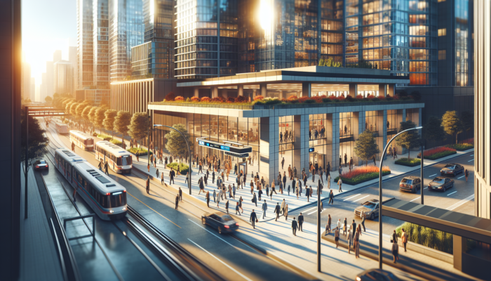 A vibrant urban street with a modern subway station, bustling commuters, upscale apartments, manicured gardens, and luxury cars in a sunny cityscape.