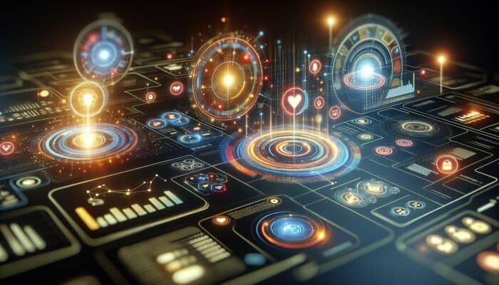 A futuristic digital dashboard showing Hootsuite's features: social media scheduling, real-time analytics, and collaboration tools with glowing icons.